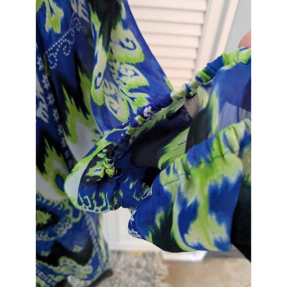 Evan-Picone Semi-Sheer Blouse Women's 16W Abstract Boho Print Royal Blue Lime - Picture 7 of 12